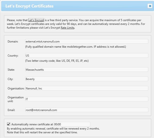 Seamless integration with Let's Encrypt in MobileTogether Server for requesting free SSL certificates