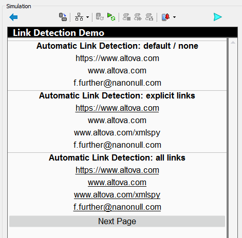 Automatic link detection features displayed in the MobileTogether Simulator window