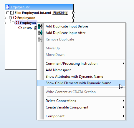 MapForce context menu to select Dynamic Accessic 