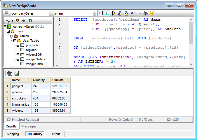 MapForce database query window