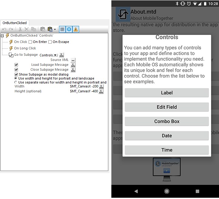 Defining a pop-up window in an app