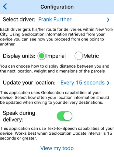 Parcel Delivery mobile demo app Configuration page viewed in the Simulator