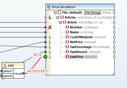 Viewing execution result of the node function using the built-in MapForce debugger