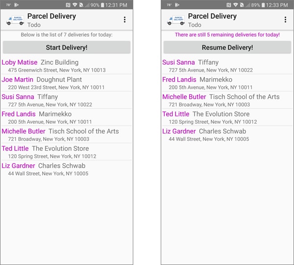Delivery assignments for the driver in a package delivery mobile app