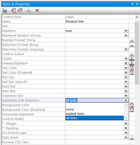 Setting automatic links detection in the Styles & Properties helper window