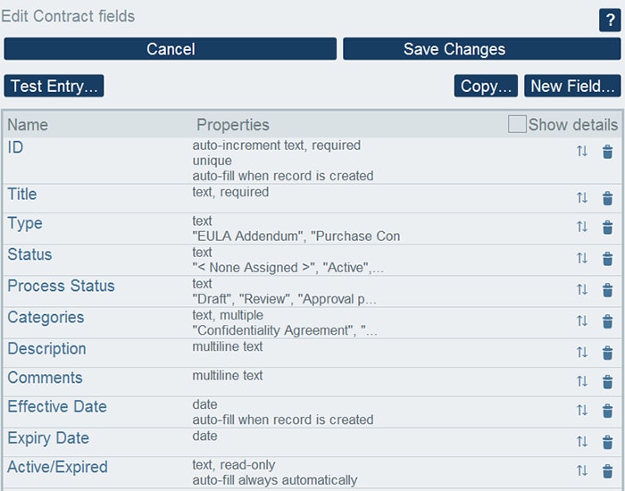 Defining fields for records in the online database