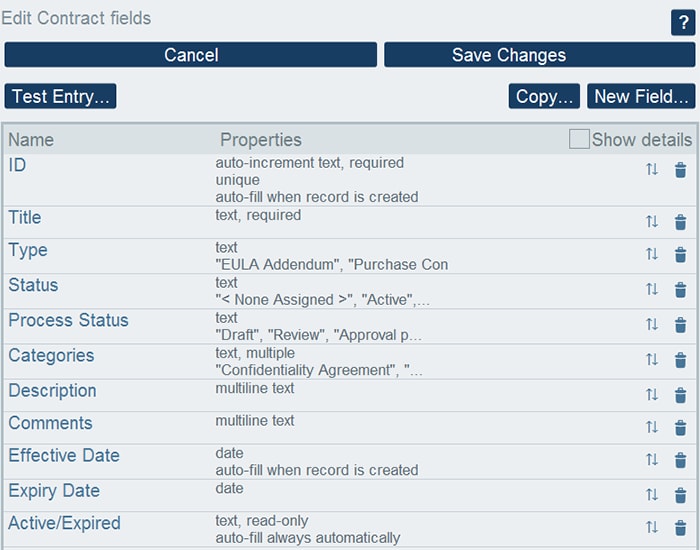 Defining fields for records in the online database 