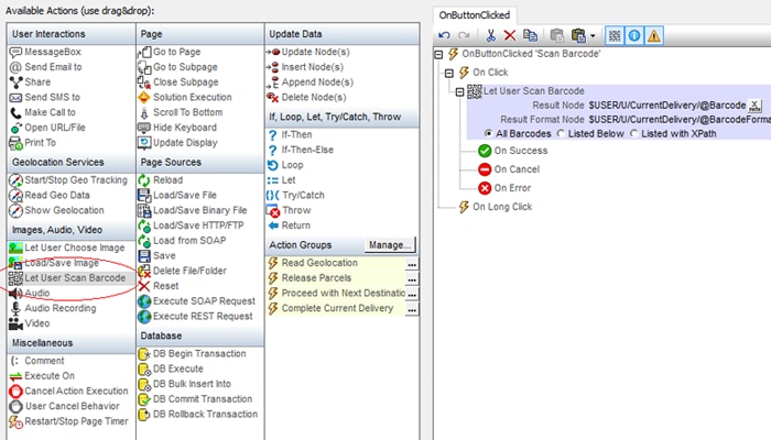 App development actions dialog