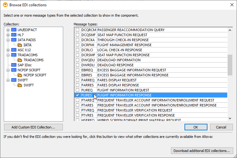 The Browse EDI collections dialog supports all major EDI standards
