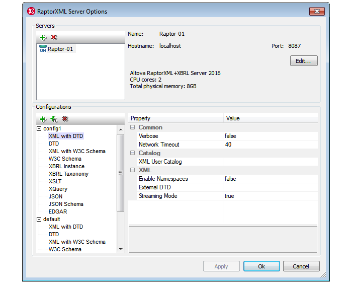 Configuring RaptorXML Server in XMLSpy