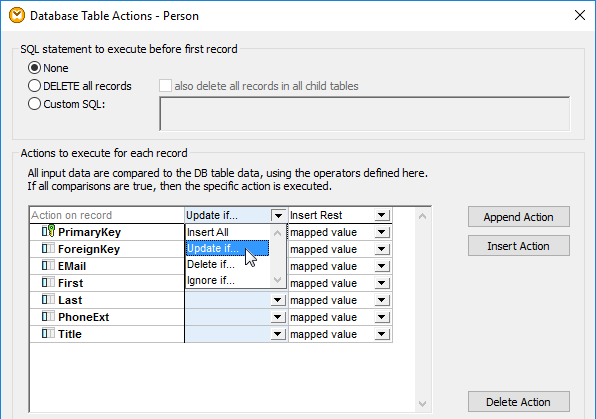 Set Update-If Action in Altova MapForce