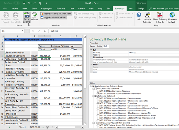 Altova Solvency II XBRL add-in for Excel