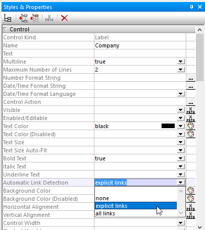 Setting Label properties to automatically display clickable links when a URL is supplied