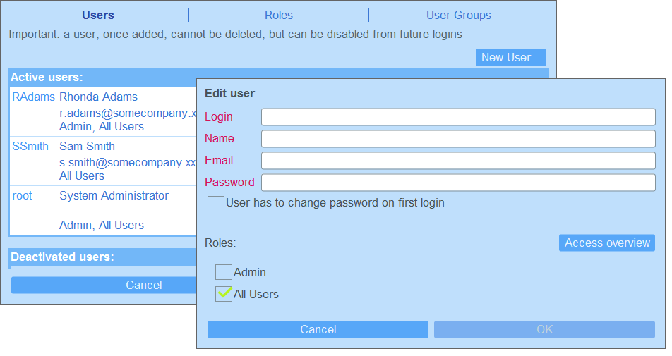 Adding new users for the database app in Altova RecordsManager