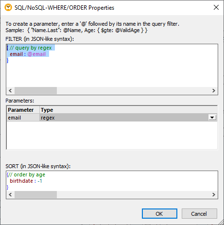 Properties dialog for the MapForce Where / Order structure