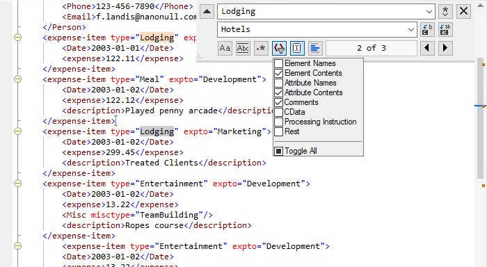 Find/replace in the XML editor