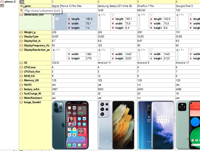 Flipping rows and columns in the grid XML editor