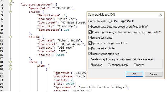 XML converted to JSON5