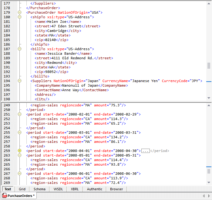 Split-screen xml editing view in XMLSpy 