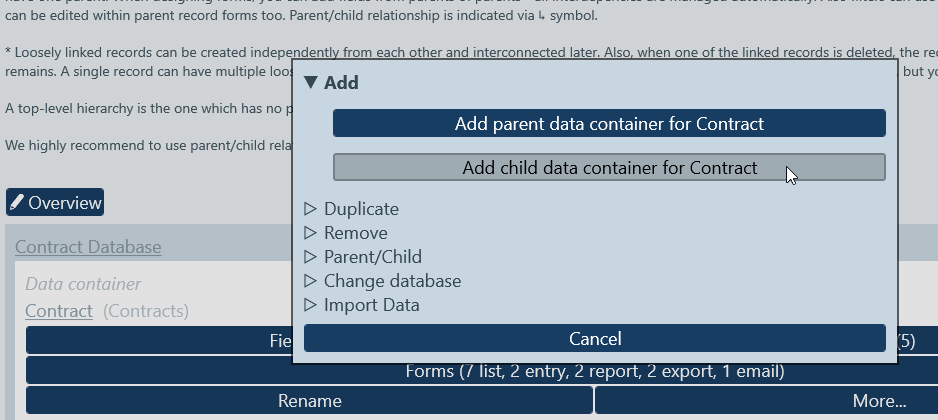 Ajouter un conteneur de données dans votre base de données en ligne
