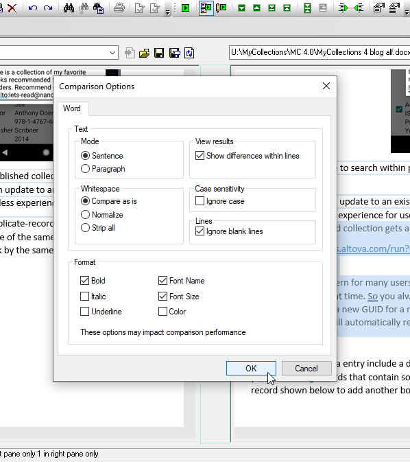 It's easy to select options to compare Word documents in DiffDog