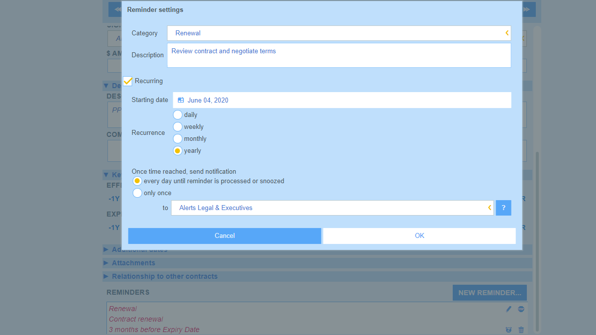Obtenir des rappels concernant les dates et les dates-butoirs contractuelles