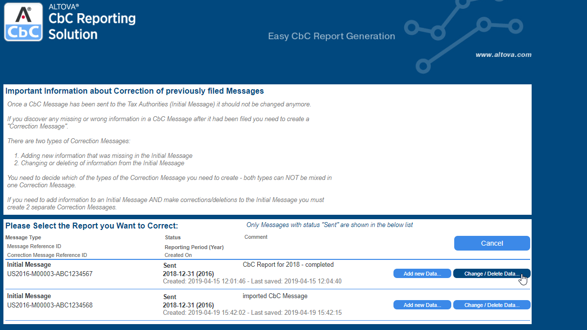 Create CBC correction report in XML
