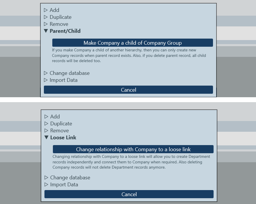 Changer parent-enfant et liens souples dans la base de données