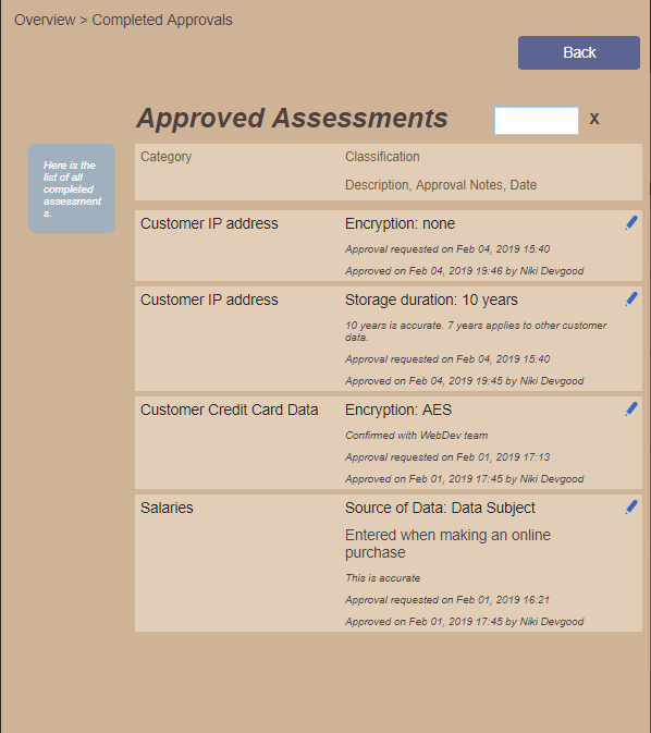 Read details about all completed approvals of GDPR information