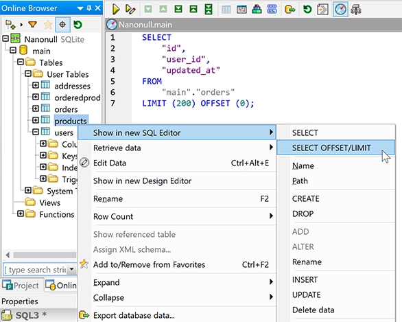 Options LIMIT-OFFSET dans l’éditeur SQL
