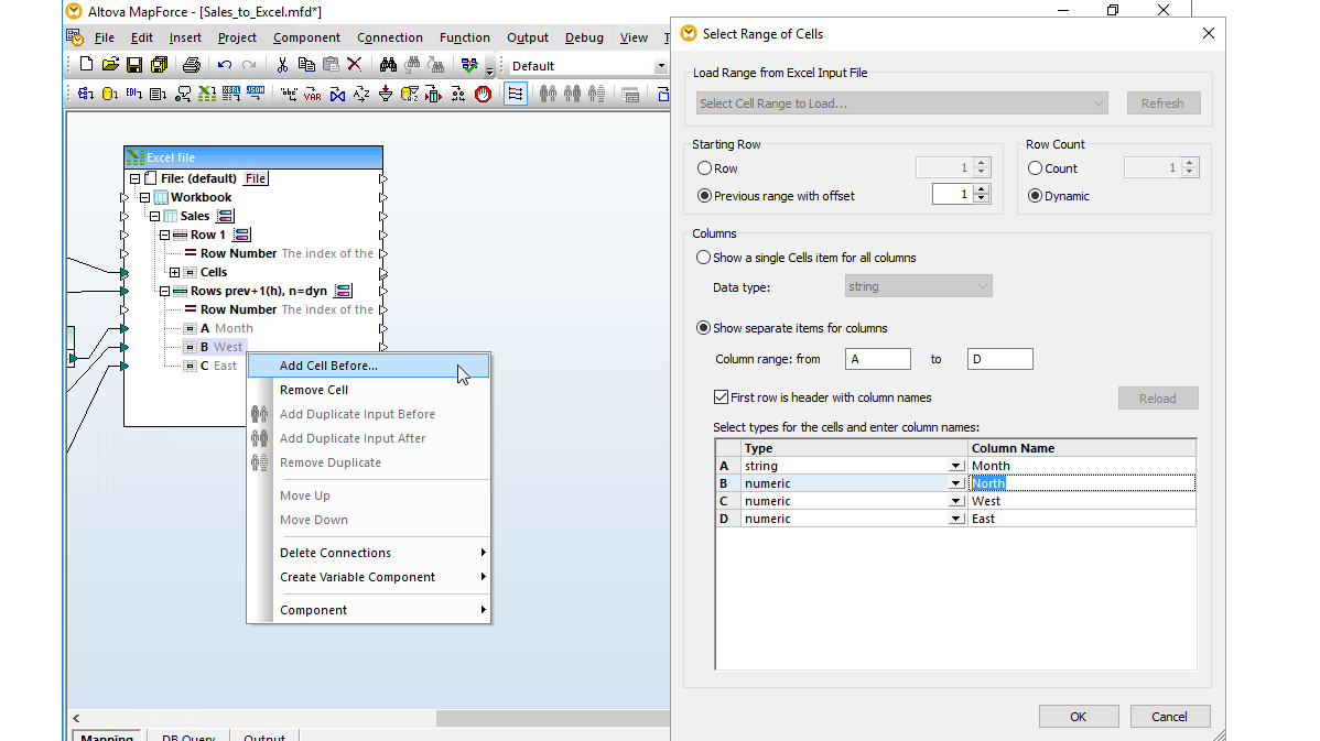Insert new columns in an Excel mapping in MapForce
