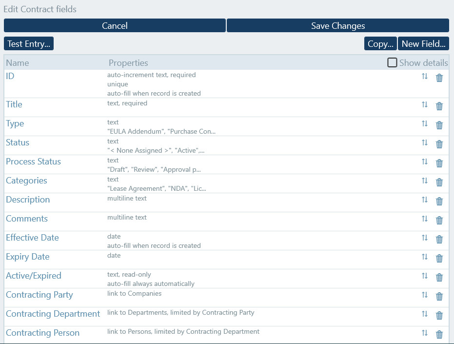 Fields defining a record in RecordsManager online databases