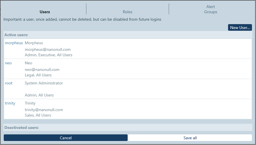 Users tab in RecordsManager online database app
