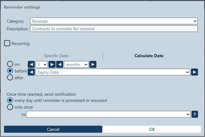 Configuring reminder settings in RecordsManager