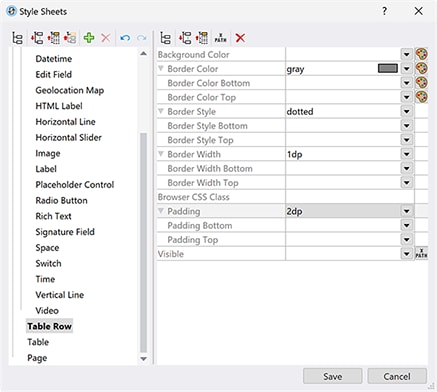 Definiowanie stylów wierszy tabeli w programie MobileTogether