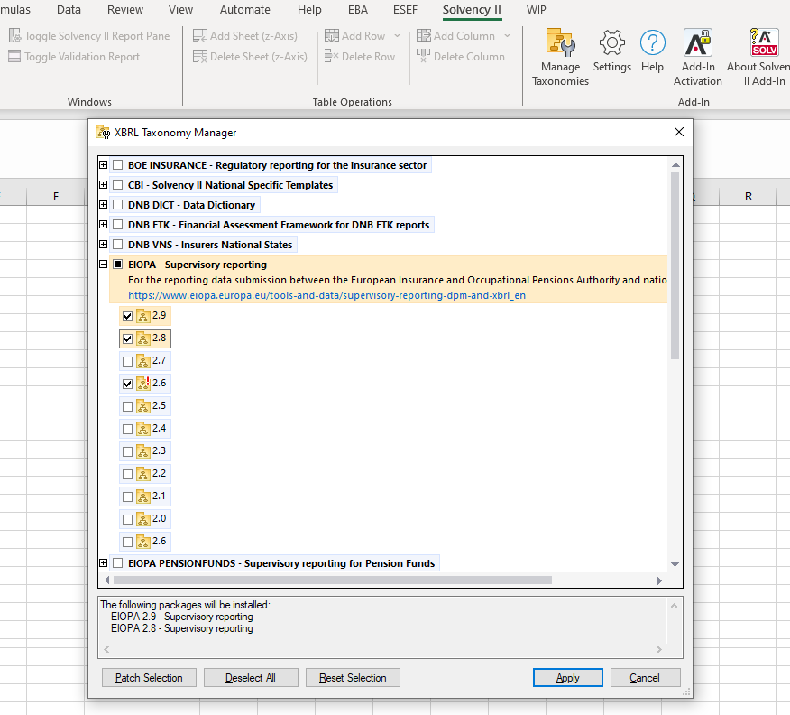 Sélectionner les taxonomies XBRL pour la création du rapport Solvency II