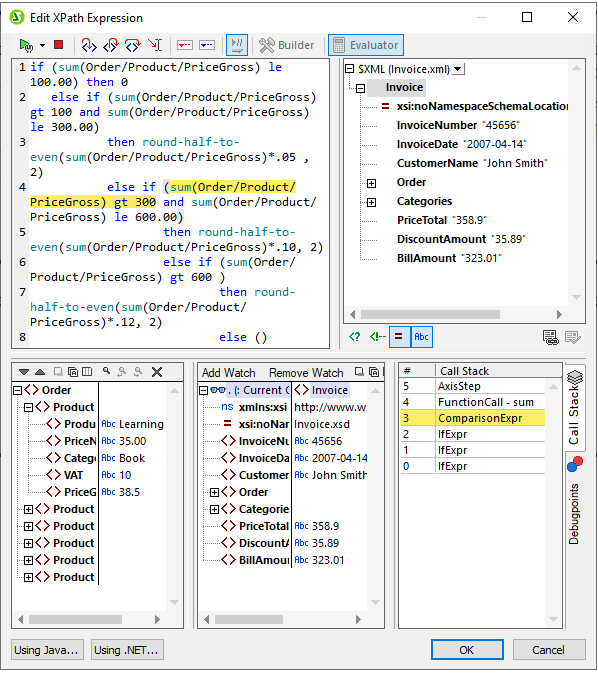 Test and debug XPath in StyleVision