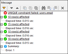 The Message tab displays execution and error messages The Message tab displays execution and error messages