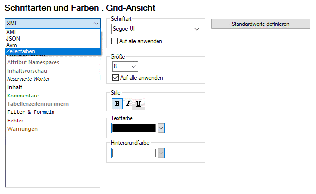 OptionsFontsColorsGridView