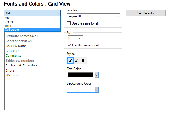 OptionsFontsColorsGridView